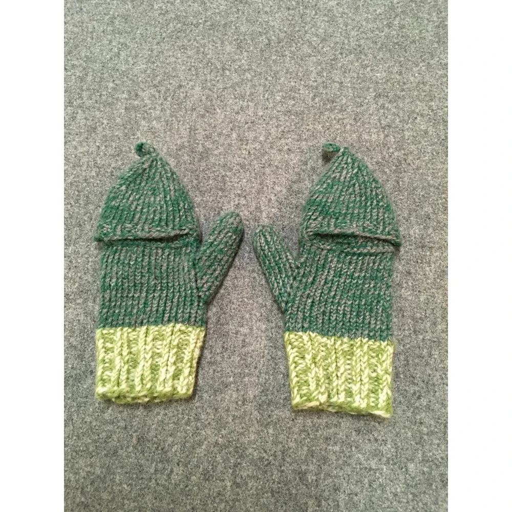Homemade Convertible Mittens Kids 4-8 Years Green 100% Wool Flip Top Gloves